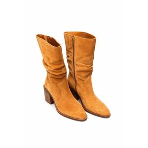 Vince Camuto Tan Suede Slouch Boots Block Heel Size 9 Boho Mid Calf